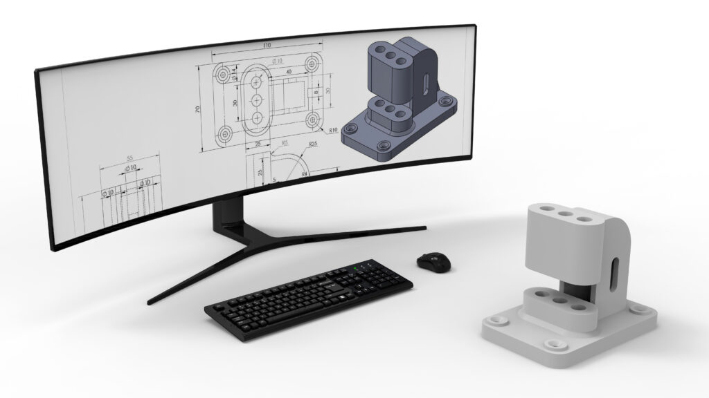 3d render design a mechanical part on a computer